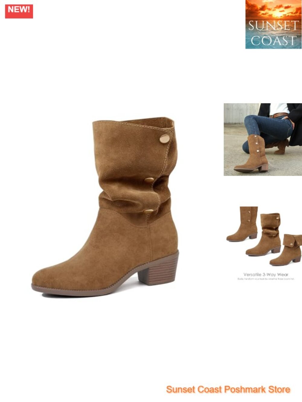 Women's Suede Mid-Calf Boots Fold-Over Chunky Block Heel